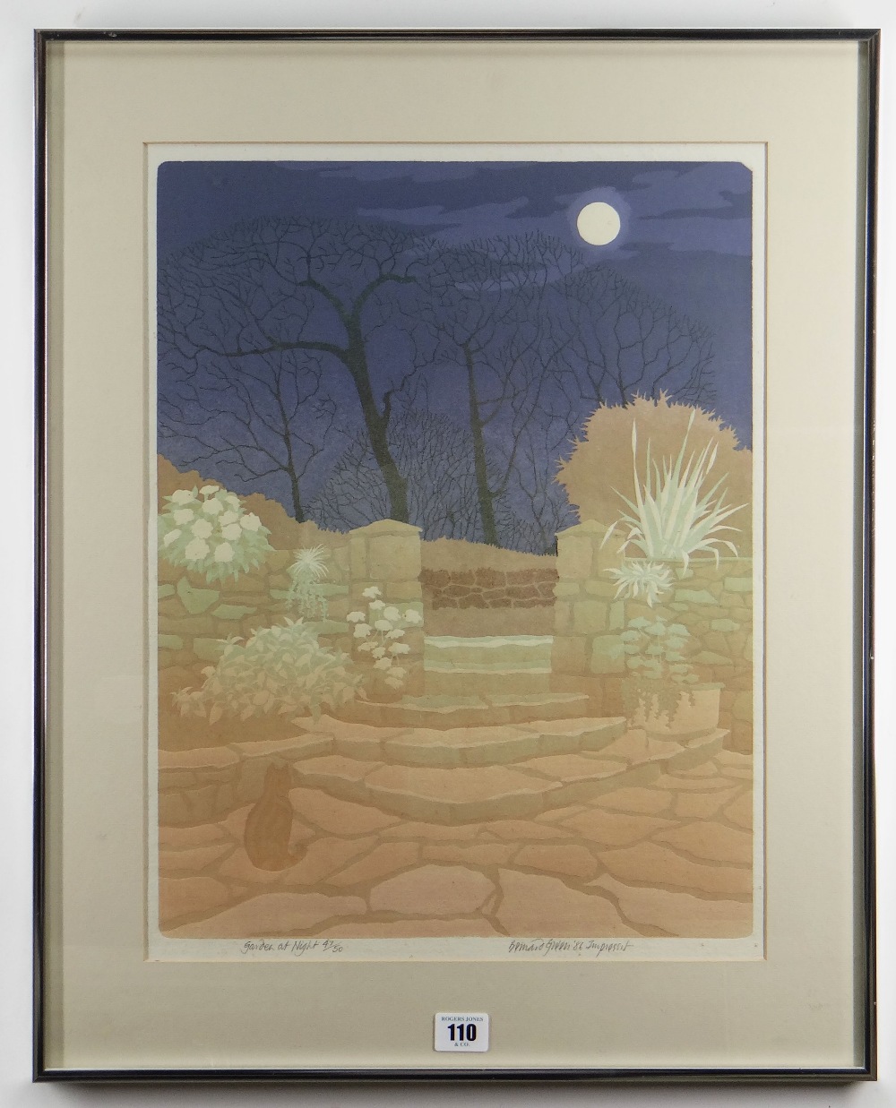 BERNARD GREEN limited edition (47/50) linocut - entitled in pencil 'Garden at Night', signed and - Image 2 of 2