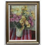 GLYN GRIFFITHS oil on board - still life, entitled verso 'Chrysanthemums and a Striped Cloth',