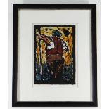 WILL ROBERTS print - standing waistcoat wearing gardener holding a long pole, signed and dated 1981,