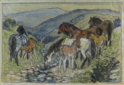 CHARLES FREDERICK TUNNICLIFFE OBE RA preliminary drawing in mixed media - ponies in a landscape,