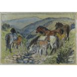 CHARLES FREDERICK TUNNICLIFFE OBE RA preliminary drawing in mixed media - ponies in a landscape,