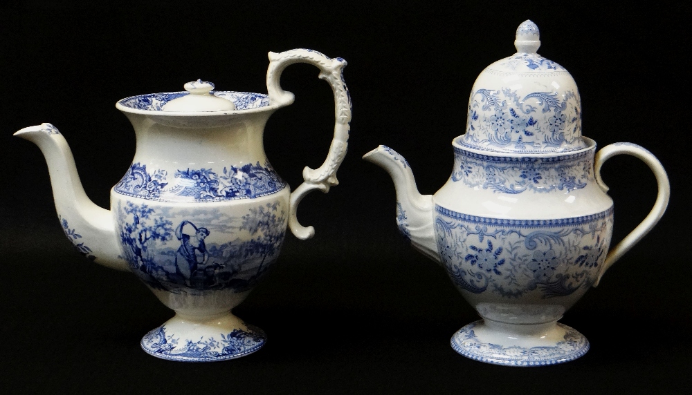 SWANSEA POTTERY COFFEE POT IN THE BLUE & WHITE TRANSFER 'COTTAGE GIRL', of bellied and footed