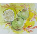 GORDON STUART watercolour - still life of a lemon and apples, signed with initials, 17 x 20cms NB: