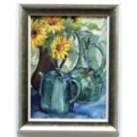 CYNTHIA GRIFFITHS oil on board - still life, entitled verso 'Green Teapot and Sunflowers', signed