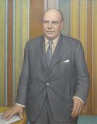 ALFRED JANES oil on board - standing portrait of Iain Macleod, titled on 1974 Welsh Arts Council
