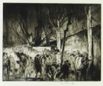 SIR FRANK BRANGWYN RA drypoint etching - busy street scene with street vendors, signed in pencil, 27