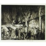 SIR FRANK BRANGWYN RA drypoint etching - busy street scene with street vendors, signed in pencil, 27