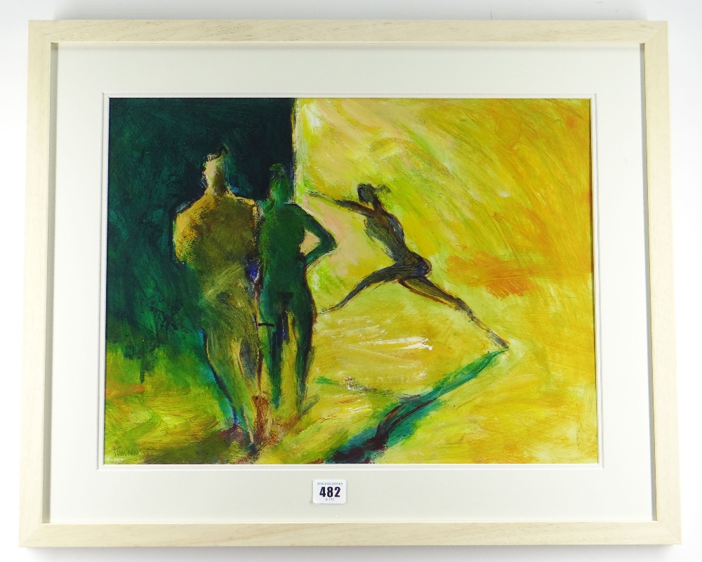 TOM NASH acrylic - two standing ballet dancing figures in the wings as another leaps on stage, - Image 2 of 2