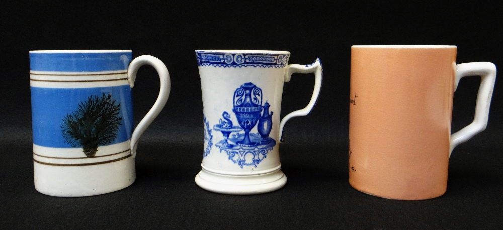 THREE LLANELLY MUGS including a mocha ware pint measure, decorated with sponged trees to coloured - Image 2 of 2