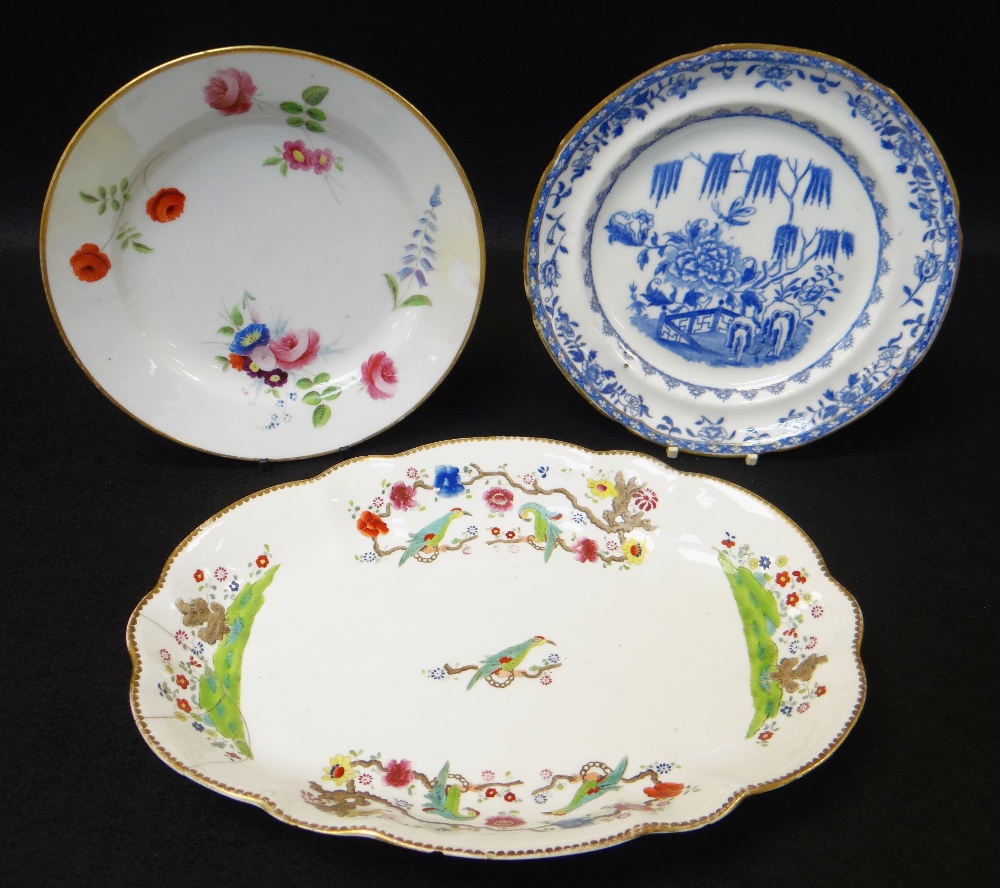 THREE ITEMS OF SWANSEA PORCELAIN (A/F) comprising oval dish decorated in enamels with chained