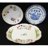 THREE ITEMS OF SWANSEA PORCELAIN (A/F) comprising oval dish decorated in enamels with chained