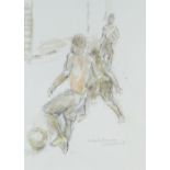 GORDON STUART mixed media - three figures, entitled 'Football, Barcelona', signed, 39 x 29cms NB: