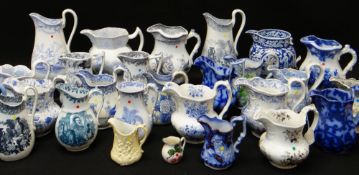 COLLECTION OF VARIOUS ANTIQUE WELSH POTTERY JUGS, painted and transfer printed, Llanelly, Swansea