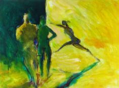 TOM NASH acrylic - two standing ballet dancing figures in the wings as another leaps on stage,