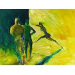 TOM NASH acrylic - two standing ballet dancing figures in the wings as another leaps on stage,