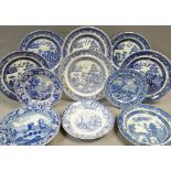 VARIOUS ANTIQUE BLUE & WHITE TRANSFER PLATES / DISHES with Swansea items including 'Ladies of