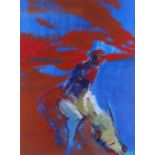 TOM NASH acrylic - figure with cow in red and blue, signed, 47 x 36cms Provenance: directly from the