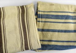 TWO HEAVY WEIGHT ANTIQUE WELSH BLANKETS with varying brown stripes and varying blue stripes, circa