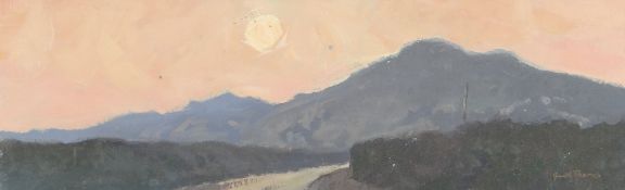 GARETH THOMAS oil on board - sunset over mountain, signed, unframed, 11.4 x 35cms