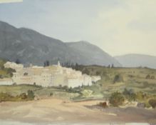 GARETH THOMAS watercolour on paper - Southern European countryside village with mountains in the