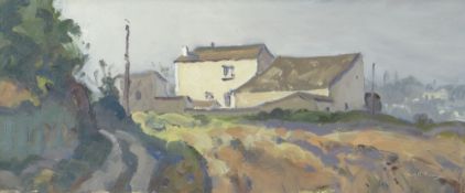 GARETH THOMAS oil on board - house by countryside path, signed, unframed, 18.4 x 44cms