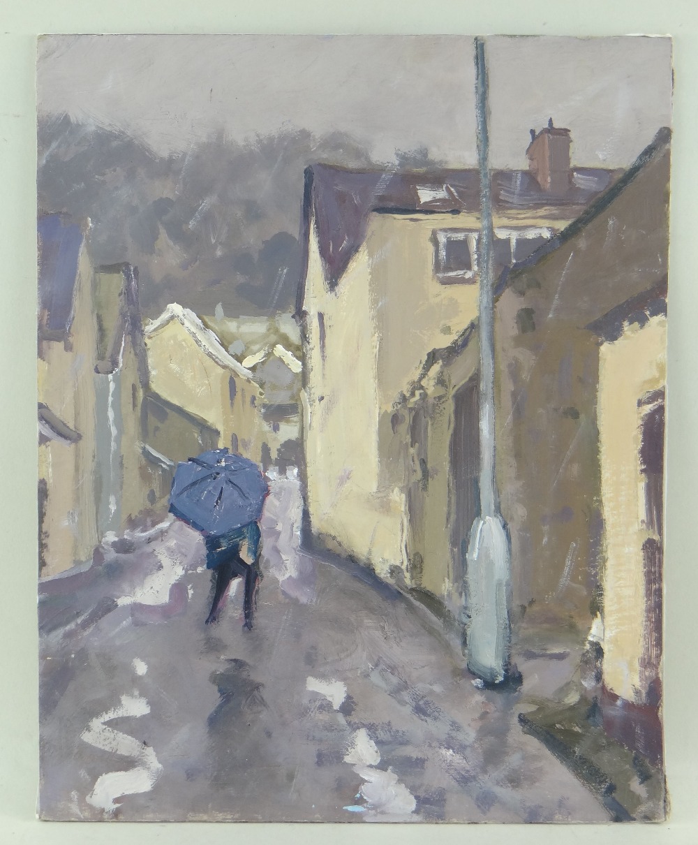 GARETH THOMAS oil on board - figure walking in Welsh town in the rain, signed, unframed, 32.1 x 25. - Image 2 of 2