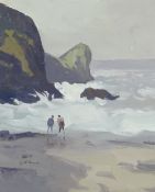 GARETH THOMAS oil on board - Welsh coastline with two figures, signed, unframed, 27.5 x 22.5cms