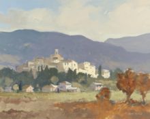 GARETH THOMAS oil on board - Provence landscape with trees in foreground, signed, unframed, 31 x