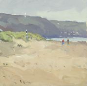 GARETH THOMAS oil on board - two figures on sand dunes with hills in the distance, signed, unframed,