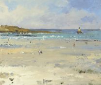 GARETH THOMAS gouache on card - beach scene with figures and beacon on a rock static in the