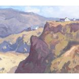 GARETH THOMAS oil on board - houses on hills by Gower coastline, signed, unframed, 29 x 33.5cms