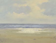 GARETH THOMAS oil on board - beach scene, signed, unframed, 19.5 x 25.2cms