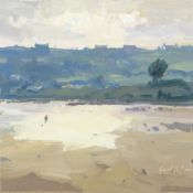 GARETH THOMAS oil on board - lone figure on coastline with houses on hill in background, signed,