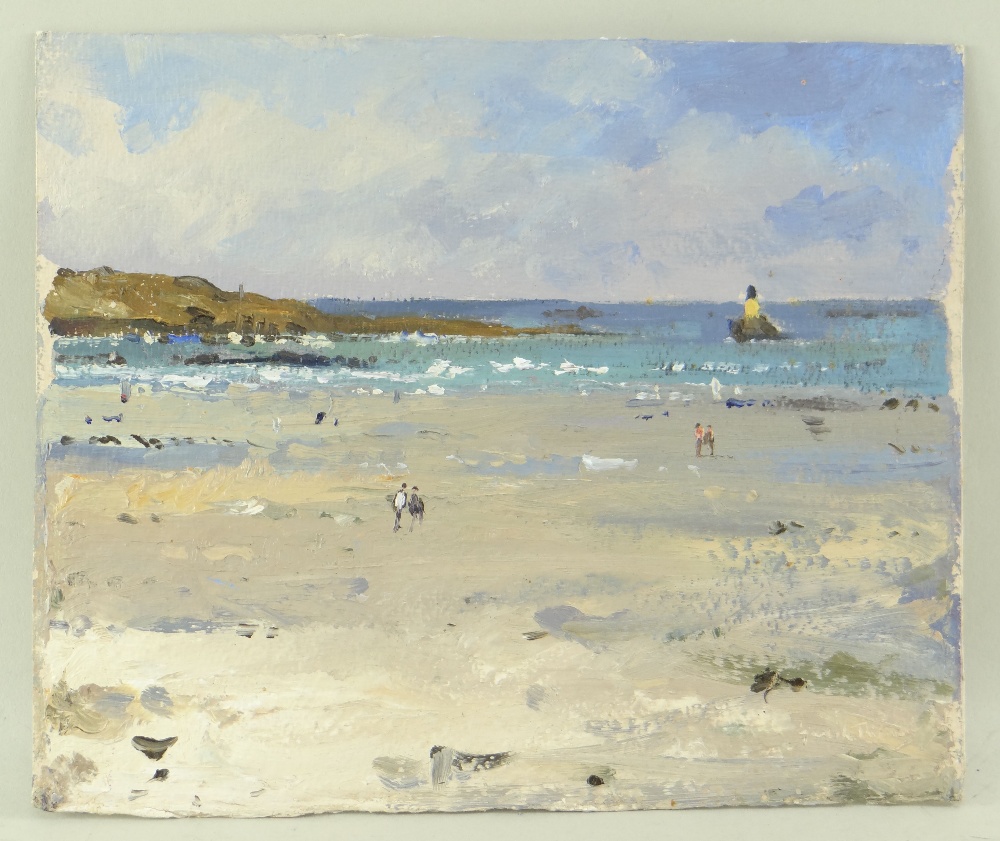 GARETH THOMAS gouache on card - beach scene with figures and beacon on a rock static in the - Image 2 of 2