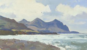 GARETH THOMAS oil on board - coastal scene with cliffs, signed, unframed, 19 x 32.7cms