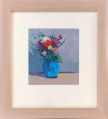 GARETH THOMAS oil on board - still life of flowers, entitled verso 'Blue Vase', signed, 22 x 20cms