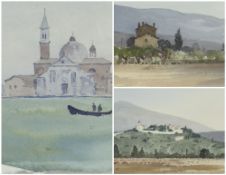 GARETH THOMAS watercolour on paper - three horizon landscapes, including of Venice, unsigned,