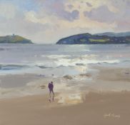 GARETH THOMAS oil on board - figure walking on beach, signed, unframed, 25.5 x 26.5cms