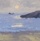 GARETH THOMAS oil on board - seascape sunset with boat, unsigned, unframed, 20.5 x 20.5cms