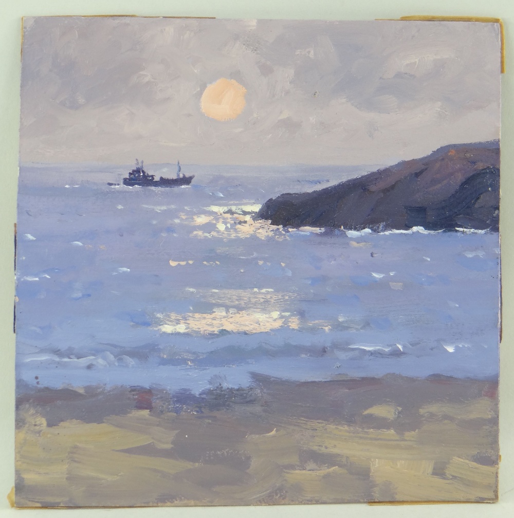 GARETH THOMAS oil on board - seascape sunset with boat, unsigned, unframed, 20.5 x 20.5cms - Image 2 of 2