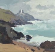 GARETH THOMAS oil on board - Mumbles Lighthouse, signed, unframed, 31.5 x 34cms