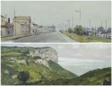 GARETH THOMAS watercolour on paper - two landscapes, street with telegraph poles, signed,