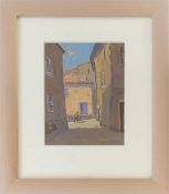 GARETH THOMAS oil on board - street with figure, entitled verso 'Menerbes, France', signed, 28 x