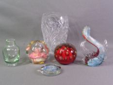 GLASSWARE - two good size circular dumps, globular vase, 21.5cms H and three other items of