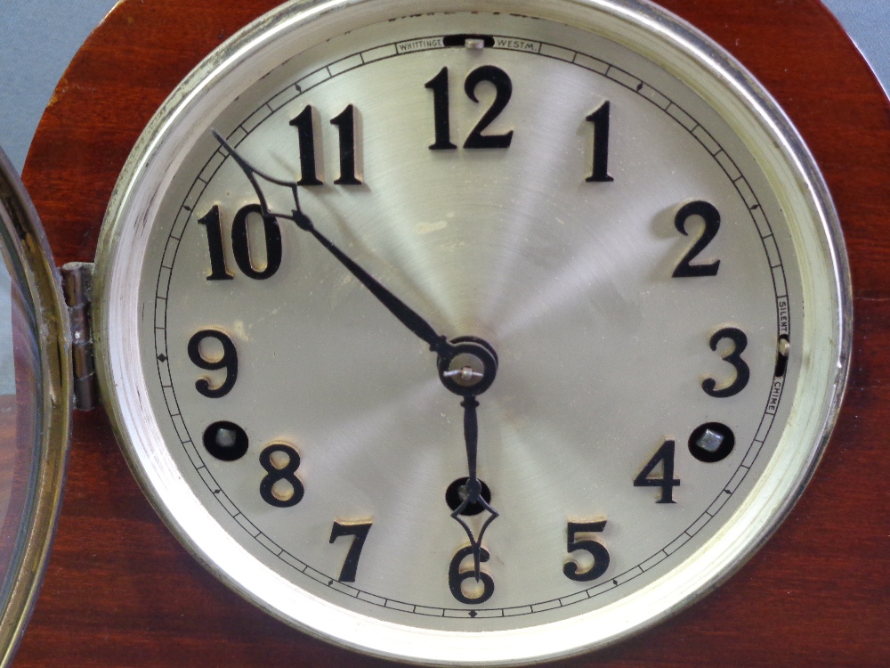 ANTIQUE MAHOGANY MANTEL CLOCK with Westminster chime and silvered dial, excellent example, 25cms - Image 2 of 3