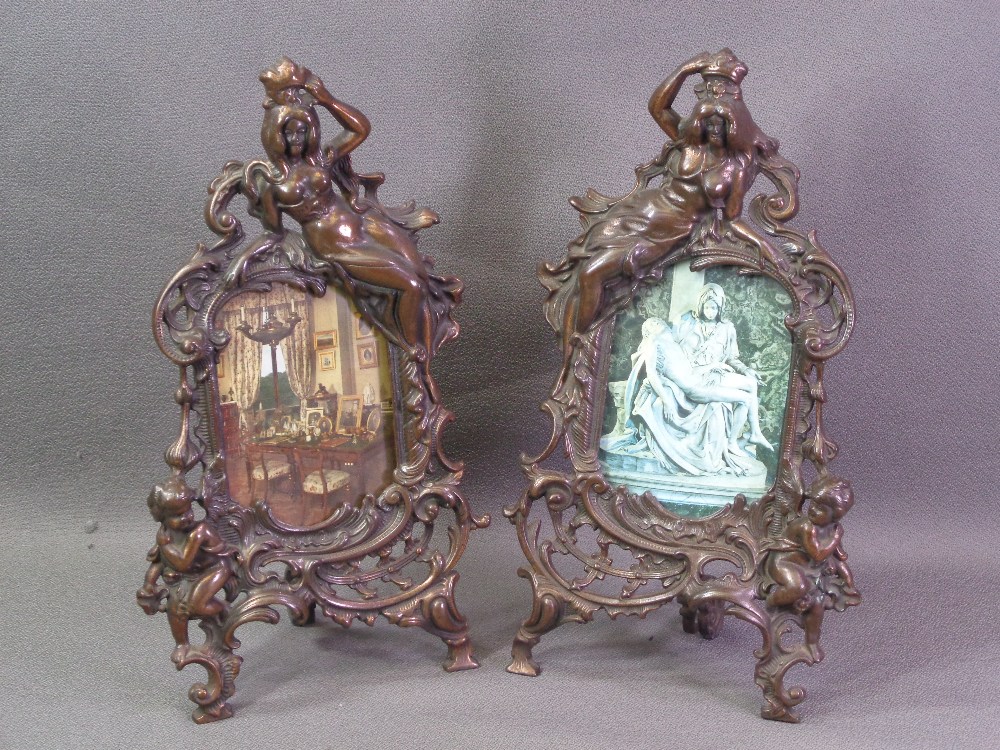 ROCOCO STYLE CABINET TOP PORTRAIT FRAMES, a pair, 36.5cms H, inscribed verso 'Beatrice'