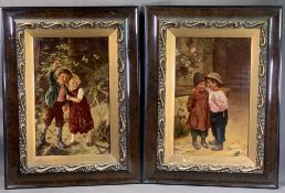 CRYSTOLEUMS - excellent pair depicting children at play, label verso 'T Stott & Co, Manchester',