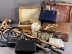 VINTAGE SUITCASE, handbags, satchel, wooden box and a collection of sticks ETC
