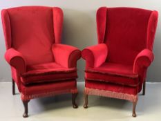 WINGBACK ARMCHAIRS, wine upholstered, a near pair, 102cms H, 79cms W, 54cms D the seat