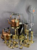 COPPER & BRASSWARE - kettle stand, copper kettles, candleholders, bellows, chrome mid-Century fire